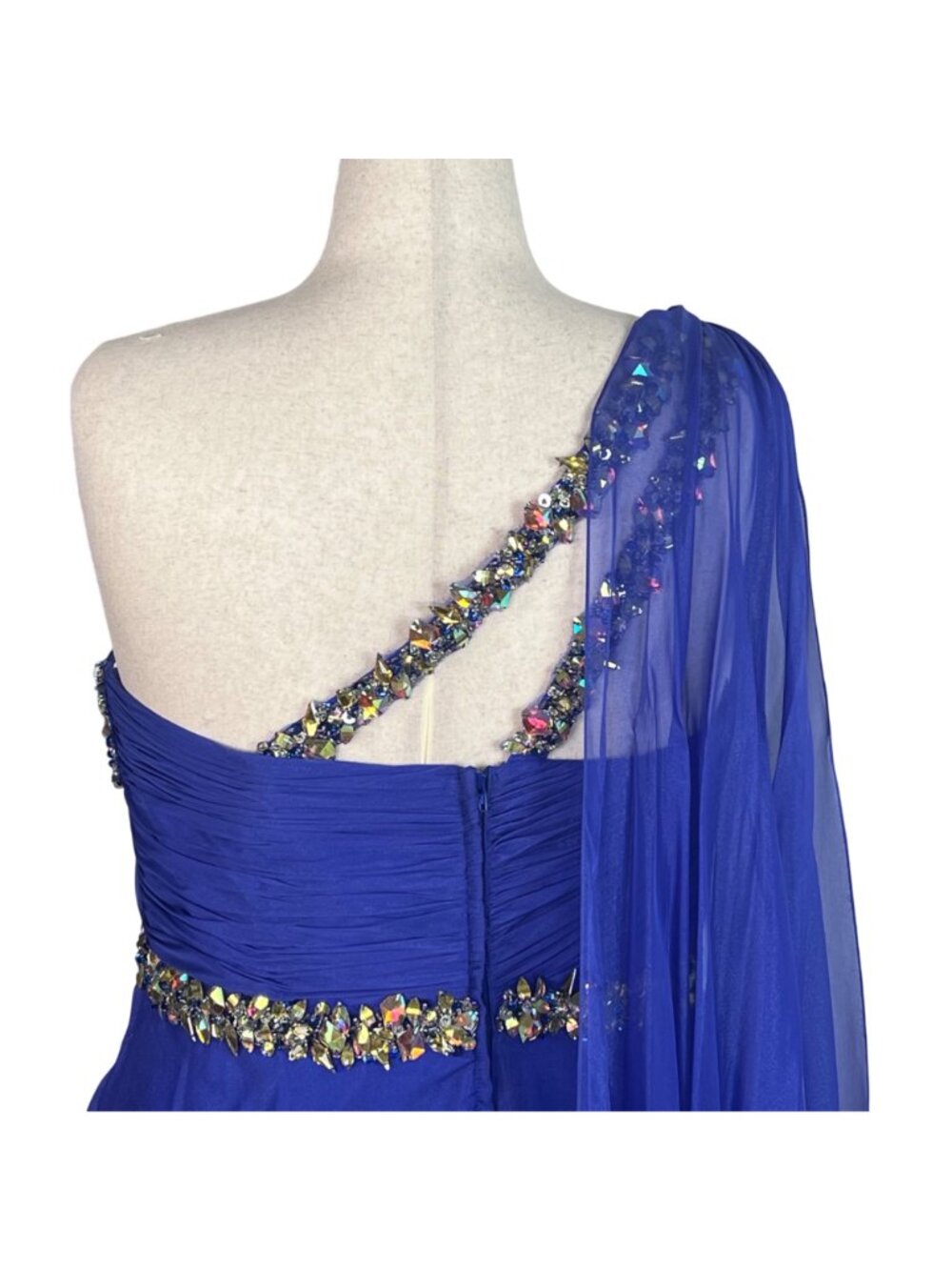 Royal Blue One Shoulder Chiffon Jeweled Plus Gown 18W Flowy Train Formal Prom - Picture 6 of 9